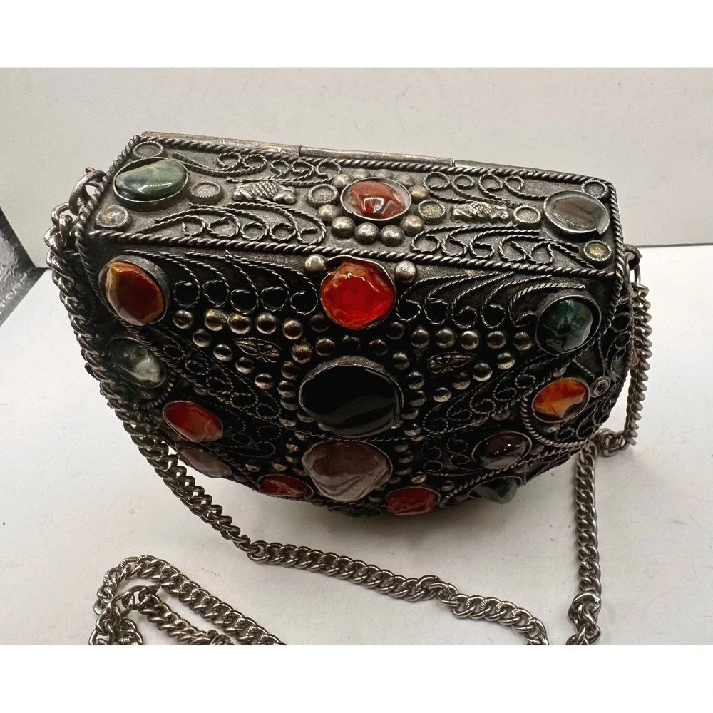 Vintage Sajai handmade‎ metal filigree with precious stones inlay & chain strap